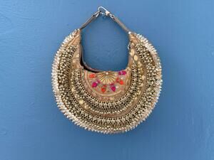 KALKI Fashion Gold Zardozi Embroidered Crescent Bag Bead Tassels Wedding Clutch